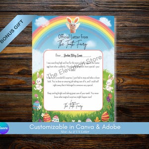 Pode incluir: Uma carta colorida da Fada dos Dentes, com um arco-íris, ilustrações de coelhos e o texto "Official Letter From The Tooth Fairy". A carta é personalizável no Canva e Adobe, com um presente extra. Tamanho: A4 e US Letter.