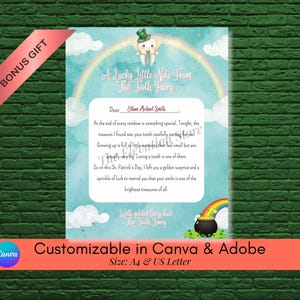 以下が含まれることがあります： 虹、金の鍋、緑の帽子をかぶった歯の妖精のキャラクターが描かれた、気まぐれな歯の妖精のメモ。テキストは「A Lucky Little Note From The Tooth Fairy」と書かれており、CanvaとAdobeでカスタマイズ可能です。