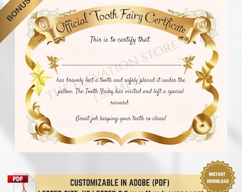Editable Tooth Fairy Certificate & Loss Chart: Gold Ribbon Design (PDF Download)
