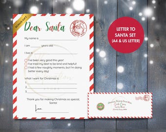 Letter to Santa Printable Set, Kids Christmas Wishlist (Digital Download)