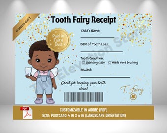 Customizable Tooth Fairy Receipt: Black Haired Boy Fairy, Printable Keepsake (Digital Download)