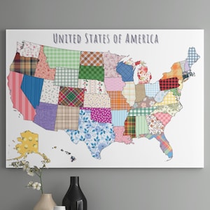Arte de parede com mapa dos EUA, mapa acolchoado de retalhos dos EUA, arte de parede com mapa dos Estados Unidos Boho, decoração de quarto com mapa folk americano, pôster grande de mapa digital para download