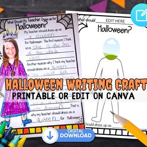 May include: A Halloween writing craft worksheet featuring a black and white border with spiderwebs and a spider. The page includes a prompt asking what a teacher should wear for Halloween, with a hand-drawn illustration of a queen and handwritten text.