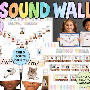 May include: A Sound Wall educational display featuring Vowel Valley and Consonant Grid charts with phonics illustrations, mouth position photos, and text labels. The materials include colorful headers and clear diagrams for literacy instruction.