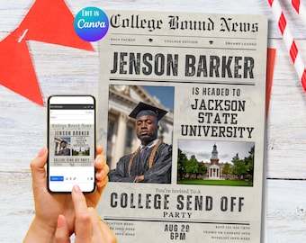 Invitación de despedida universitaria, volante de fiesta de graduación, póster con tema de periódico, plantilla editable, fiesta de baúl