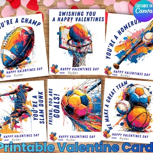 May include: Six printable Valentine's Day cards with sports themes. Each card features colourful illustrations of a football, basketball, baseball bat, basketball player, soccer ball, and baseballs. Text includes phrases like "You're a Champ" and "You're a Homerun."