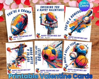 Sports Boys Valentine Cards Printable, Basketball Football, Kids Classroom Exchange, Tween Class Vday Tags