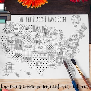 Puede incluir: Un mapa imprimible de los Estados Unidos con cada estado delineado y relleno con un patrón diferente. El título del mapa es "Oh, The Places I Have Been".