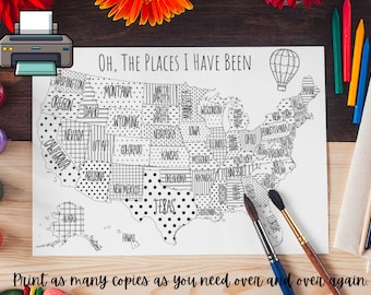 USA Travel Tracker Map: Black and White Coloring Page (Digital Download)