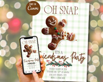 Christmas Party Invitation, Funny Friendsmas Invite, Gingerbread Holiday Template, Editable Canva, Digital Download Card
