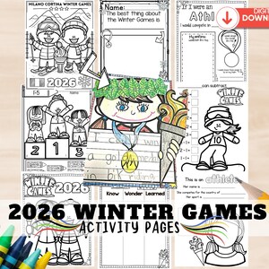 May include: A collection of black and white activity pages for the 2026 Winter Games. The pages include coloring activities, fill-in-the-blank exercises, and drawing prompts. The title "2026 Winter Games Activity Pages" is displayed prominently.