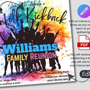 Family Reunion Flyer Canva Template, Kinfolk Kickback Colorful Invitation, Family Reunion Games Invite, Family Picnic Editable Custom Flyer