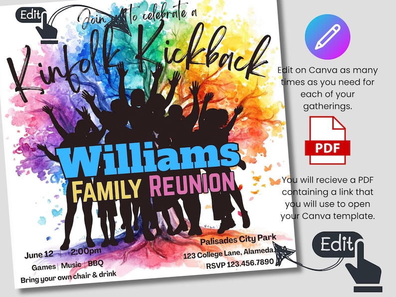 Family Reunion Flyer Canva Template, Kinfolk Kickback Colorful Invitation, Family Reunion Games Invite, Family Picnic Editable Custom Flyer