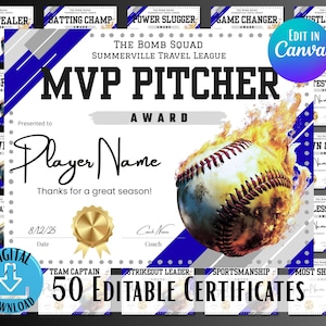 Editable Baseball Award Certificates, End of Season Team Awards, 50 Printable Canva Templates PDF