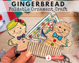 Foldable Gingerbread House Craft, Christmas Coloring Activity, Kids Printable Ornament, Classroom Holiday Project