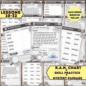 May include: Educational worksheets for reading comprehension and phonics practice. Includes lessons 10-32, mystery passages, and skill practice. Features words like "ship," "fish," and "shop." The worksheets are designed for elementary students.