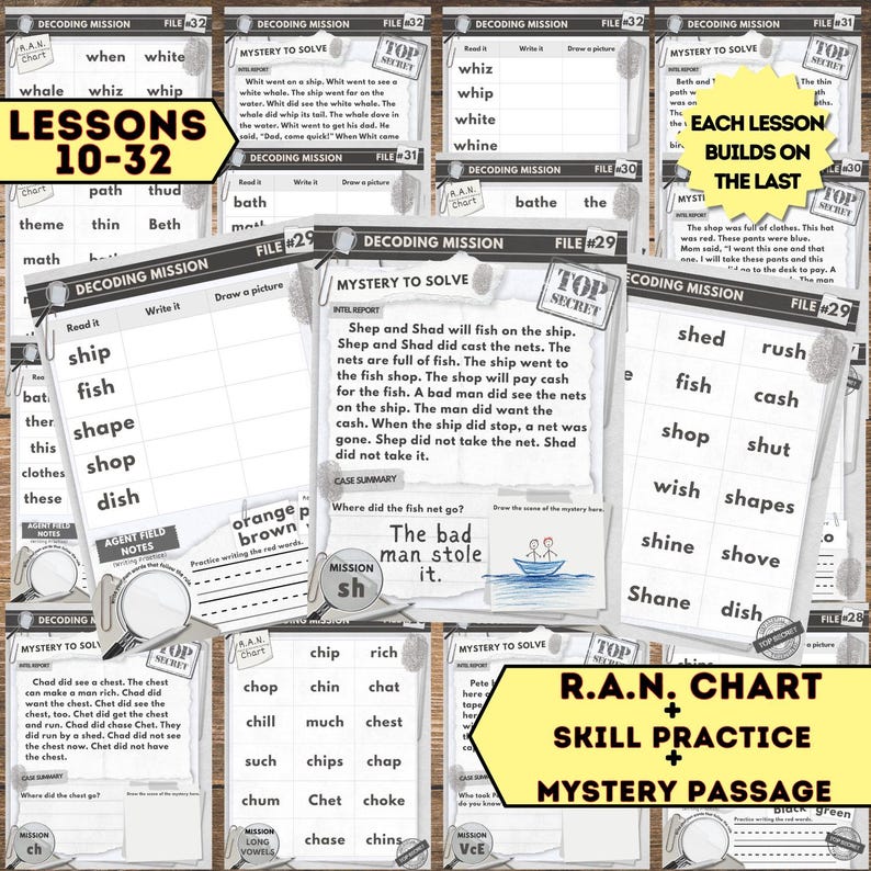 May include: Educational worksheets for reading comprehension and phonics practice. Includes lessons 10-32, mystery passages, and skill practice. Features words like "ship," "fish," and "shop." The worksheets are designed for elementary students.
