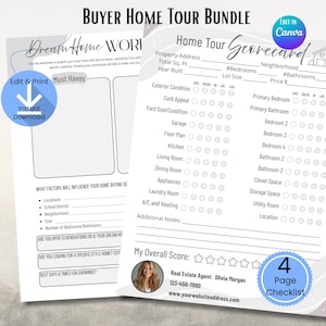 Op de afbeelding: Een Buyer Home Tour Bundle met twee werkbladen. Eén is een Dream Home Worksheet met prompts voor must-haves. De andere is een Home Tour Scorecard om eigendommen te evalueren. Bevat een checklist van 4 pagina's.
