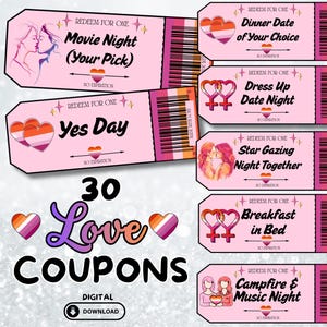 Puede incluir: Cupones de amor rosas con varias ideas para citas nocturnas, incluyendo "Noche de Cine", "Día Sí" y "Cena a tu elección". Los cupones presentan ilustraciones de parejas y corazones, con el texto "30 Cupones de Amor" y "Descarga Digital".