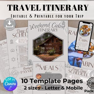 Puede incluir: Una plantilla de itinerario de viaje imprimible digital para un viaje de fin de semana a una cabaña. La plantilla incluye 10 páginas con una lista de verificación de empaque, un horario diario, un presupuesto, comidas y un horario del último día. La plantilla está disponible en dos tamaños: carta y móvil. La imagen también incluye una lista de empaque adicional.