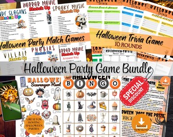 May include: A collection of Halloween party games, including trivia, bingo, and match-up games. The bundle features various themes like horror movies, spooky music, and candy slogans. A special discount tag is visible.