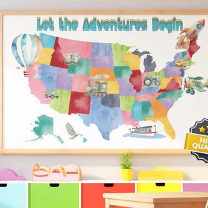 Avontuurlijke kinderkamer Verenigde Staten reiskaart, kinderen VS muurkaart voor reisthema kinderkamer, grote Amerikaanse grootste avontuur muur decor speelkamer kunst