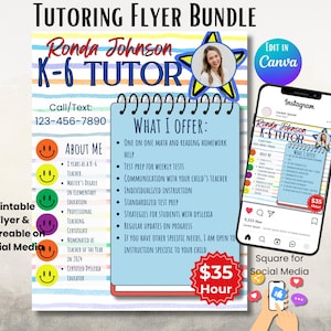 Tutoring Flyer, Tutor Services Editable Flyer Bundle, Elementary Tutor Design, School Tutoring Canva Template, Test Prep Homework Tutor