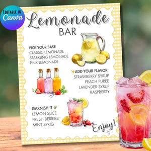 Lemonade Bar Sign, Summer Party Drink Station, Editable Canva Template, Watercolor Printable Recipe Decor