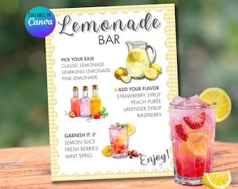 Lemonade Bar Sign, Summer Party Drink Station, Editable Canva Template, Watercolor Printable Recipe Decor