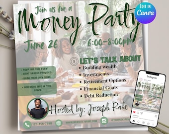 Money Party Flyer Invitation: Financial Planning Event (Editable Canva Template)