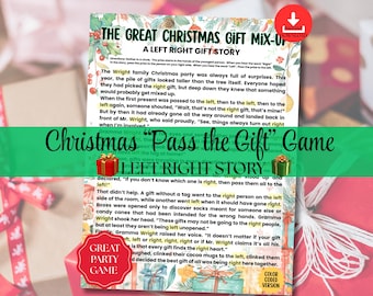 May include: A Christmas party game titled "The Great Christmas Gift Mix-Up: A Left Right Gift Story." The game features a story about a family's gift exchange, with instructions and a "Great Party Game" label. The design includes festive illustrations and text.