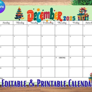 December 2025 Calendar Printable, Editable Calendar Template, Dec Calendar, Whimsical Christmas Calendar, Canva Calendar, Instant Download