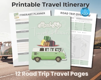 May include: Printable travel itinerary planner with 12 pages. The cover features a green vintage van with luggage on top and the text "Road Trip Travel Planner".