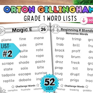 May include: Two white pages with word lists for Grade 1 Orton Gillingham, including "Magic E" and "Beginning R Blends." The text includes words like "plane," "fine," and "brop." The words are for educational purposes.