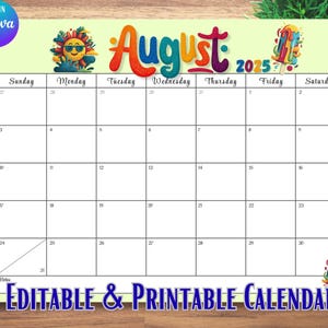 EDITIERBARER Kalender August 2025, druckbarer befüllbarer Planer für Zuhause & Arbeit, Bunter Sofort-Digital-Download-Kalender, Monat auf einen Blick PDF