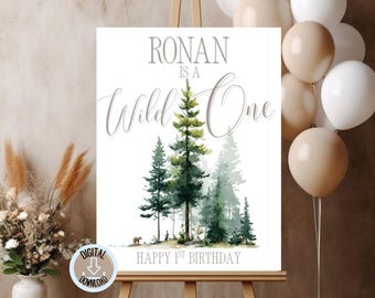 Wild One First Birthday Sign, 1st Boy Decoration, Woodland Party Welcome, Editable Printable Poster