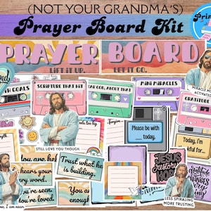 May include: A collection of colorful, printable prayer board kit elements. Includes cassette tape designs, inspirational quotes, and images of Jesus. The kit features phrases like "Prayer Board," "Lift It Up," and "Let It Go."