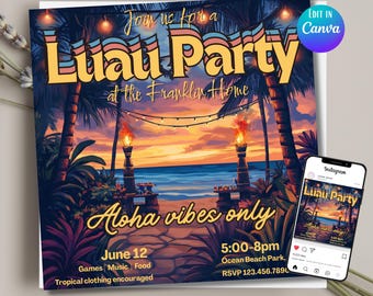 May include: A colorful invitation to a Luau party at the Franklin Home. The invitation features a tropical sunset scene with palm trees, tiki torches, and the text "Join us for a Luau Party at the Franklin Home". The invitation also includes the date, time, location, and RSVP information.