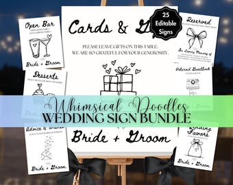 Whimsical Wedding Sign Bundle, 25 Editable Reception Signs, Ceremony Table Decor, Canva Templates
