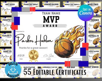 Editable Basketball Award Certificates: 55 Team Templates (Canva & PDF)
