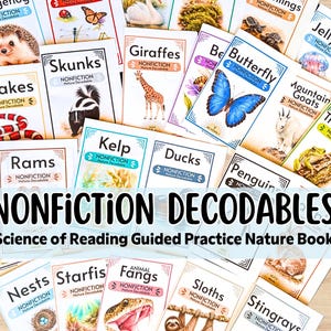 May include: A collection of nonfiction nature decodable books featuring various animal and plant subjects including hedgehogs, snakes, skunks, giraffes, butterflies, and tree frogs. The text NONFICTION DECODABLES Science of Reading Guided Practice Nature Books is overlaid in the centre.