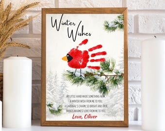 Cardinal Winter Handprint Craft Printable, Editable Red Bird Poem Keepsake, Kids Gift for Parents