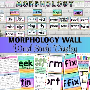 May include: A classroom display on morphology, featuring cards with prefixes, suffixes, and Greek and Latin roots. The title "Morphology Wall Word Study Display" is visible. The display is designed for educational purposes, with metric measurements.
