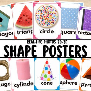 Puede incluir: Un conjunto de carteles educativos sobre formas con fotos reales de objetos, incluyendo una pajarera azul, una rodaja de sandía, una galleta, tela de lunares, un cuaderno morado, una tuerca, una vela rosa, un gorro de fiesta, una pelota de playa y una tienda naranja.