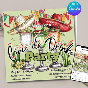 Puede incluir: Una invitación verde y blanca para una fiesta de Cinco de Drinko. La invitación presenta una ilustración dibujada a mano de tres vasos de margarita con sombreros y un cactus. El texto de la invitación dice "Join us for a Cinco de Drinko Party" e incluye la fecha, la hora, la ubicación y la información de RSVP.