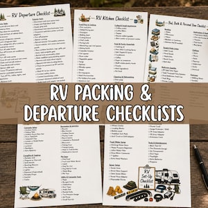 May include: A set of five white paper checklists for RV travel, including RV Departure, Kitchen, Bed, Bath, Personal Item, and Set-Up checklists. Each page features printed text lists, small colorful illustrations of camping gear, and the title RV PACKING & DEPARTURE CHECKLISTS.