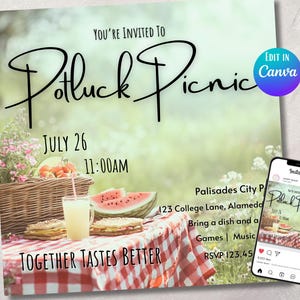 Op de afbeelding: Uitnodiging voor een potluck picknick op 26 juli om 11:00 uur. Het ontwerp toont een picknicktafel met watermeloen, sandwiches en een drankje. Een smartphone toont de uitnodiging op Instagram. De tekst "Potluck Picnic" is cursief.