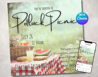 Potluck Picnic Flyer: Editable Canva Template (Digital Download