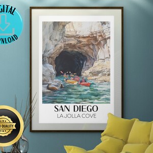 Affiche de San Diego, art mural La Jolla Cove, oeuvre d'art de San Diego, impression de la côte californienne, décoration côtière de kayak aquarelle de la SoCal, grotte marine numérique
