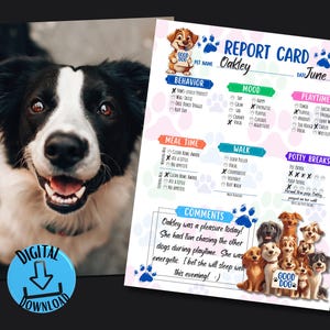 Boletín de calificaciones imprimible para perros: ideal para guarderías caninas, cuidado de mascotas, informes de cuidado de perros y adiestramiento de cachorros.